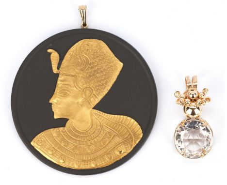 1st item: Vintage 24K and black basalt King Tut pendant. The pendant is marked "Wedgwood" and "made in England" The pendant i