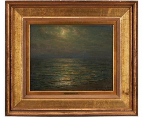 Thomas Alexander Harrison (American, 1853-1930) oil on board seascape, depicting the light from a moon, partially shrouded by