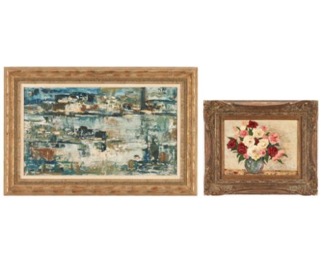 Two (2) Decorative 20th century Paintings. 1st item: Betty Mears (American, 20th century) oil on board abstract painting in s