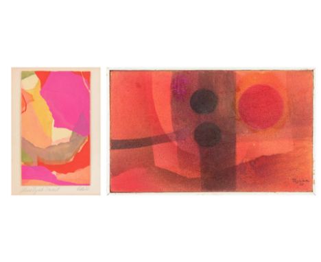 Two (2) Abstract Paintings. 1st item: Eugenia Sumiya Okoshi (New York, Japan, 1921-2008) small abstract oil and acrylic on pa