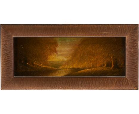 Harvey Joiner (Kentucky/Indiana, 1852-1932) small panoramic oil on board autumn landscape painting depicting a river surround