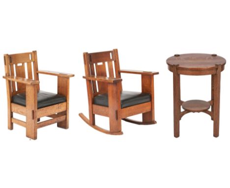 Three (3) Mission Oak Furniture items, including table, rocking chair and arm chair. 1st item: Stickley and Brandt mission oa