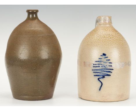2 stoneware jugs, including Middle Tennessee. 1st item: Middle Tennessee stoneware jug, ovoid form with molded lip, incised s