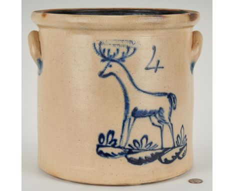 T. Harrington/Lyons (New York) 4-gallon stoneware crock with cobalt decoration including a deer standing on a foliate ground,