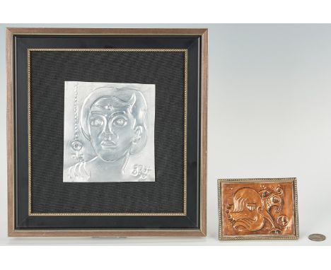 Two (2) framed metal plaques by Greg Ridley (American/Tennessee, 1925-2004). 1st item: Tin plaque with repousse decoration of