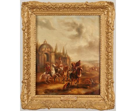 Pieter Wouverman or Wouwerman (Netherlands, 1623-1682) oil on board landscape hunt scene titled "The Hawkins Party" depicting