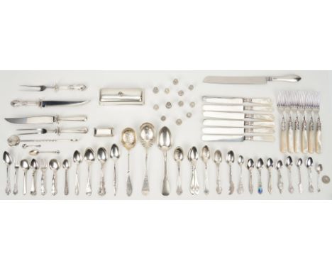 Group of assorted silver pieces, including&nbsp;American flatware,&nbsp;mother of pearl handled set, English and Russian serv