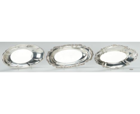 3 assorted sterling silver bread trays, including Gorham. 1st item: Oval bread tray with scalloped and pierced rim with flora