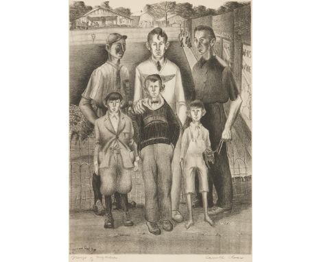 Carroll Cloar (Tennessee, 1913-1993) signed lithograph on paper titled "Group of Myselves," depicting a self-portrait of the 