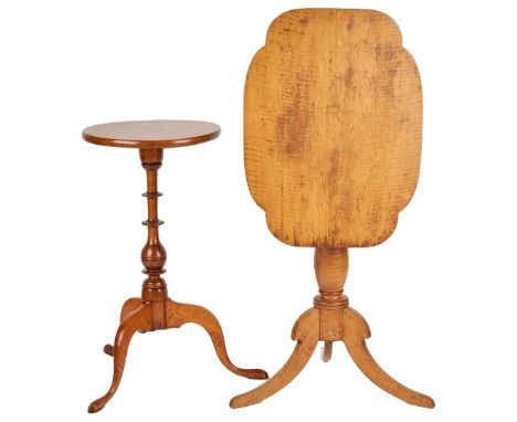 Two (2) Mid-Atlantic or New England Federal tiger maple candlestands. 1st item: Tiger maple candlestand having a round top ab