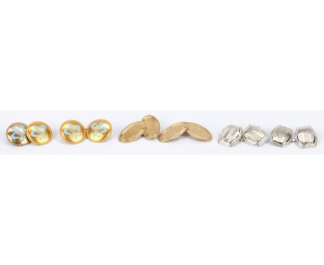 3 Gold Cufflink Pairs, 10K and 14K. 1st item: 10K yellow gold oval shaped cufflinks. Marked "C10K". Gross weight 4.8 grams. 2