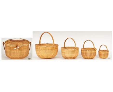 Grouping of five (5) contemporary signed Nantucket lightship baskets. 1st item: Oval shaped lidded pocketbook or lightship ba