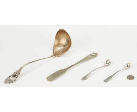 1 coin silver medicine spoon and 3 coin and sterling ladles with marks of Nashville and Memphis, Tennessee silversmiths/jewel