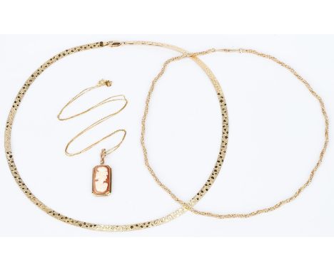 Grouping of three (3) ladies necklaces. 1st item: One ladies 10K yellow gold 0.5mm box chain necklace with a 10K yellow gold 