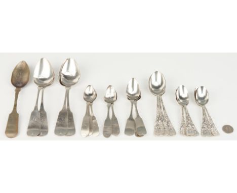 Twenty-three (23) pieces flatware including early sterling and coin silver flatware with rounded fiddle handles and rounded f