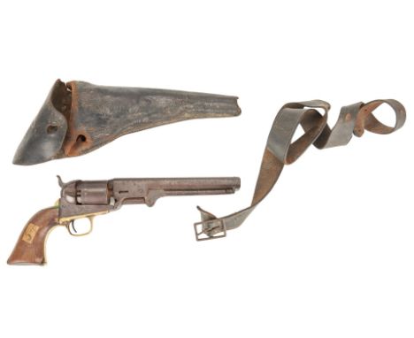 Civil War era Colt Model 1851 Navy revolver plus leather belt and holster, .38 caliber, serial number 134781, all visible ser