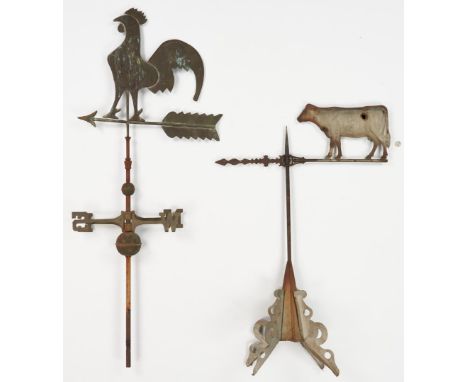 Two (2) copper figural weathervanes. 1st item: Copper pressed hollow body weathervane depicting a rooster, standing on arrow 