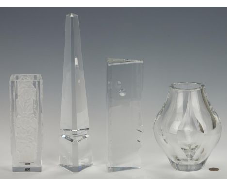 Four (4) pieces crystal including Richard Rigot for Baccarat and Saint Louis. 1st item: Baccarat colorless glass Obelisk, mar