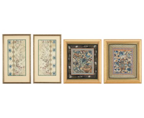 Four (4) Chinese Embroideries, including two (2) with flowers, vases and precious objects, float mounted on gilt mats, each a