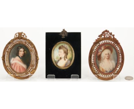 Three (3) Female Miniature Portraits, including Lady Blount. 1st item: Watercolor portrait miniature of a woman in 18th centu