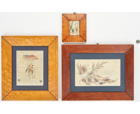 George Washington embroidery, penmanship drawing and painting on silk. 3 items total. 1st item: Framed patriotic embroidery o