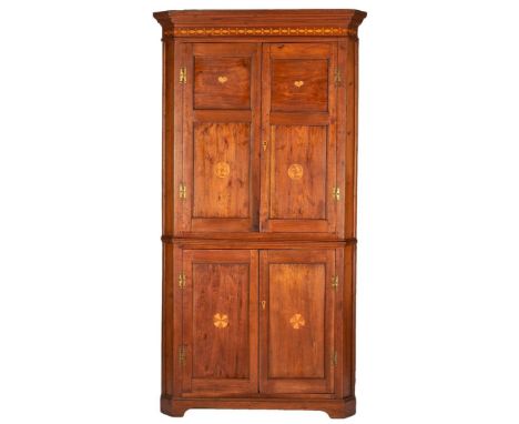 Piedmont North Carolina inlaid corner cupboard, walnut primary and yellow pine secondary, attributed to Cleveland County, Nor