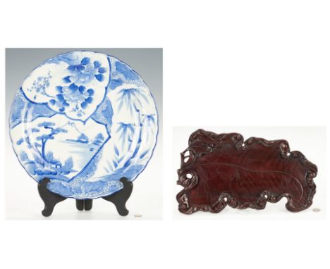 Two (2) Japanese decorative items, including hardwood tray, porcelain charger. 1st item: Hardwood tray, carved in a naturalis