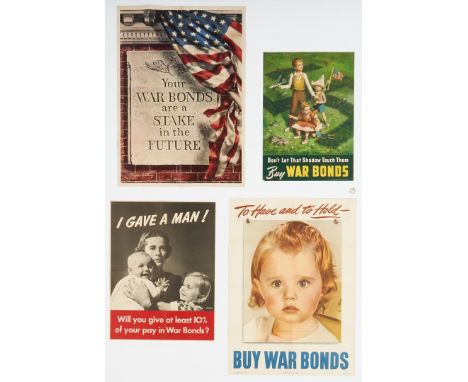 Four (4) World War II United States war bonds propaganda posters by artists including Allen Saalburg and Lawrence Beall Smith