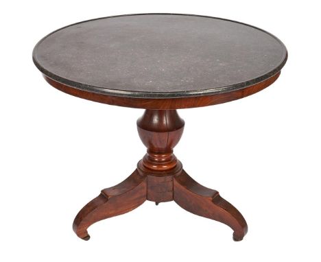 American Classical center table, mahogany veneer and poplar secondary. Comprised of a round black marble top with carved edge