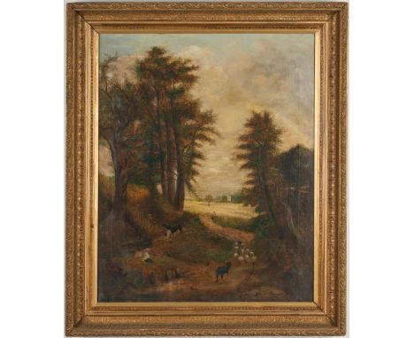 After John Constable (English, 1776-1837) , "The Drinking Boy," or "The Cornfield", oil on canvas landscape painting depictin