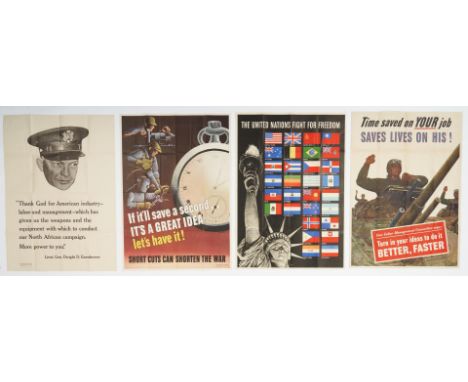 Four (4) World War II United States propaganda posters. 1st item: Depicts three industrial workers along the left side opposi