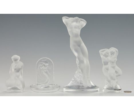 Four (4) Lalique (French, founded 1888) frosted art glass items, including three (3) female nude figures and one (1) pintray 