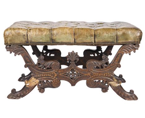 Baroque style leather bench or ottoman, tufted olive leather seat with nailhead design at edge; acanthus and rosette carved a