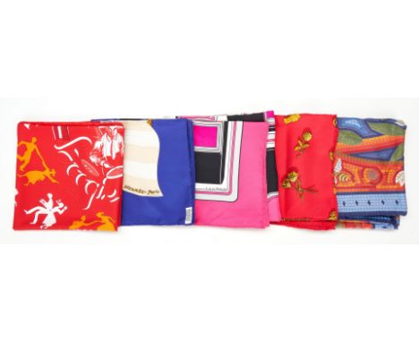 Five (5) Hermes scarves, including Cave Felem, Les Coupes, Clips, Souvenirs de Paris, and Boogie Woogie, 6 items total. 1st i