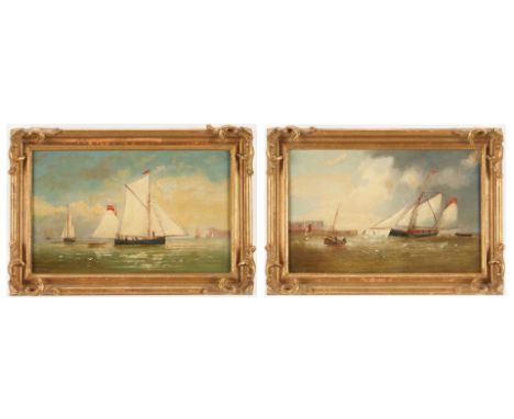 William Daniel Penny (United Kingdom, 1834-1924) pair of small oil on board marine paintings depicting English ships off a co