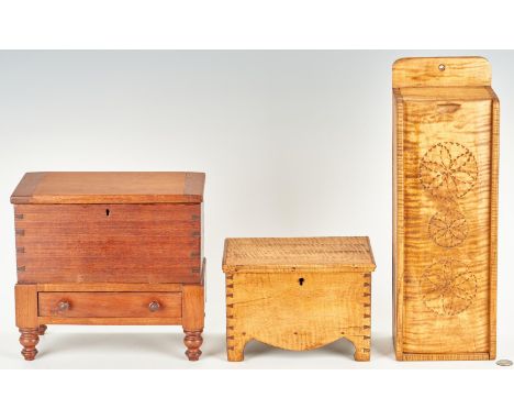 Three (3) wood items, incl. miniature tiger maple sugar chest, blanket chest and candle box. 1st item: Miniature tiger maple 