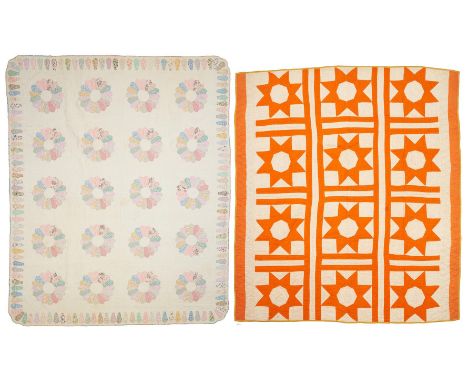 Two (2) American hand-stitched pieced and appliqued quilts. 1st item: American pieced and appliqued cotton quilt, LeMoyne Sta
