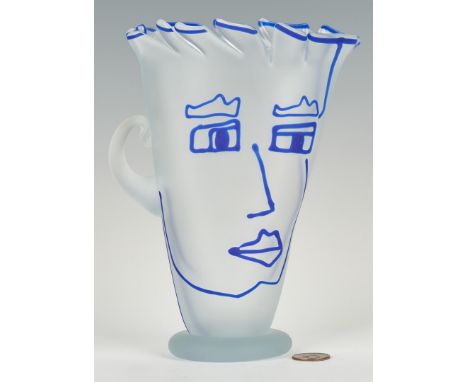 Richard Jolley (American, born 1952) frosted art glass vase with handle or pitcher form with "pinch folded" rim and blue over