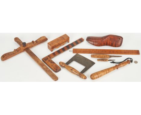 Grouping of nine (9) American wood carpentry and kitchen tools including one (1) tiger maple 16" L ruler, one (1) knife sharp