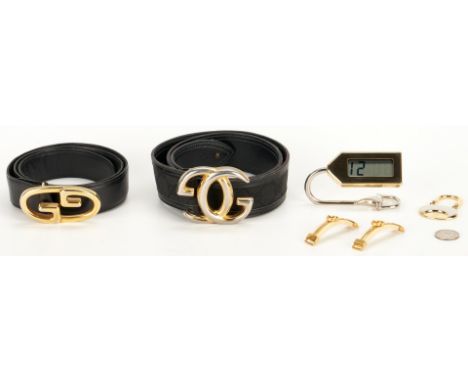 Eight (8) Gucci items, including two (2) mens belts, Centennial 1881-1981 promotional keychain. 1st item: Men's black logo ca