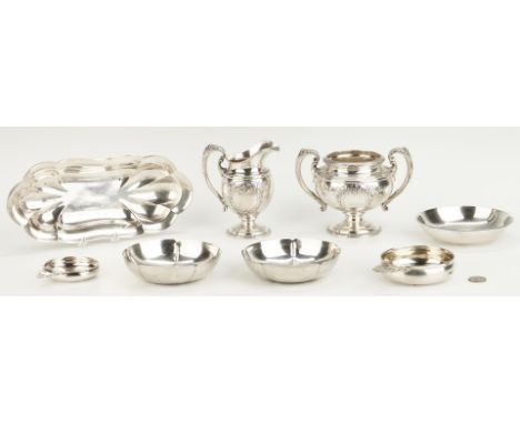 8 sterling silver hollowware items, including 2-piece Towle Old Master pattern double handled sugar bowl and cream pitcher, b