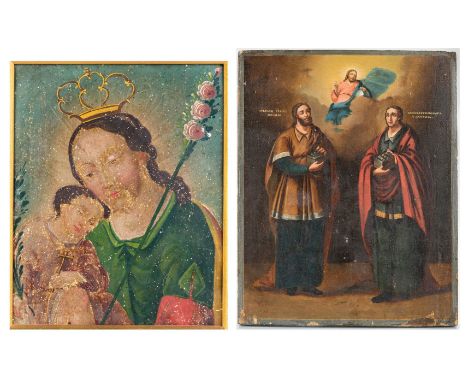 Two (2) Religious icons, including Ex-Voto Mexican Retablo and Russian Altar Panel. 1st item: Mexican folk art oil on tin ret