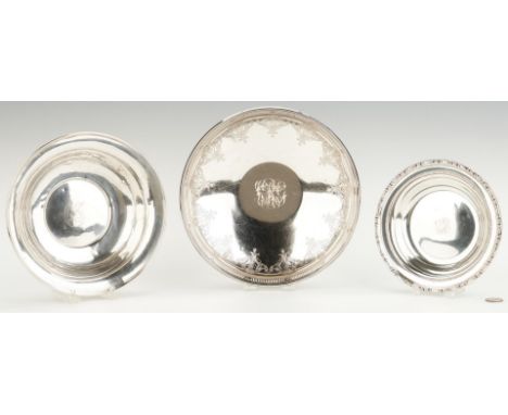 3 sterling silver bowls, including Towle, SSMC. 1st item: Towle sterling footed bowl with reticulated rim adorned with engrav