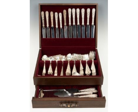 Assembled group of S. Kirk &amp; Son sterling silver flatware in the Repousse pattern. Includes 16 Knives (ranging from 8 3/4