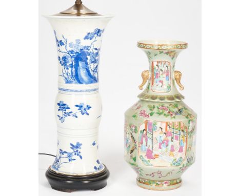 Two (2) Chinese vases, including Qing Dynasty. 1st item: Qing Dynasty Famille Rose or Rose Medallion vase, celadon ground wit