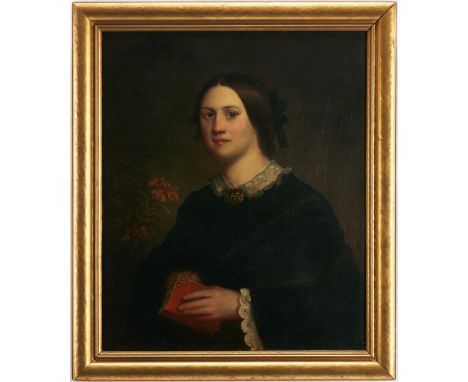 19th century American school oil on canvas portrait of a lady, three-quarter length, depicting a dark haired woman with upswe