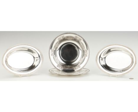 Four (4) sterling silver holloware items including one (1) Elmore Fiesta pattern serving bowl and one (1) sandwich plate (bot