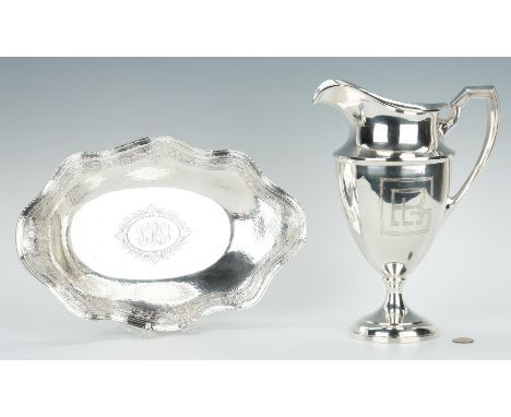 2 Art Deco sterling silver holloware items, including Meriden water pitcher and Schofield dish or bread tray. 1st item: Merid