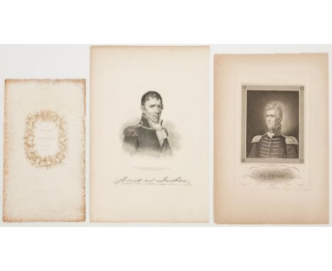 Two (2) rare engraved portraits of President Andrew Jackson, plus an Inaugural Souvenir. 1st item: Stipple engraving print by