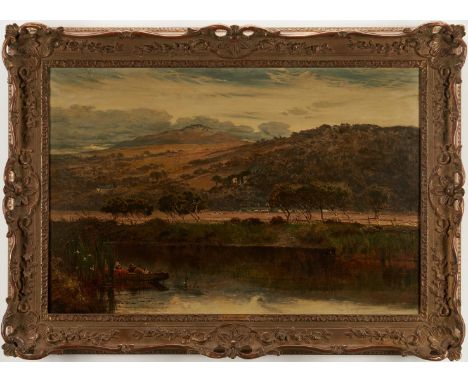 Benjamin Williams Leader RA (United Kingdom, 1831-1923) oil on canvas landscape painting depicting figures in a boat on a riv
